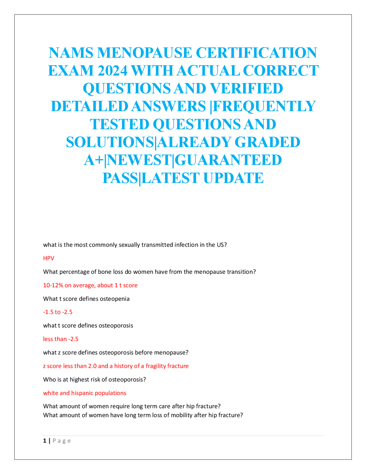 NAMS MENOPAUSE CERTIFICATION EXAM 2024 Exams Nursing Docsity