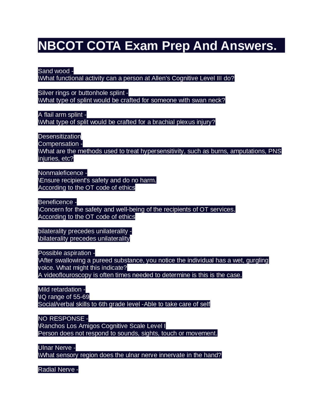 Coota Test NBCOT COTA Exam Prep And Answers. | Exams Occupational therapy | Docsity