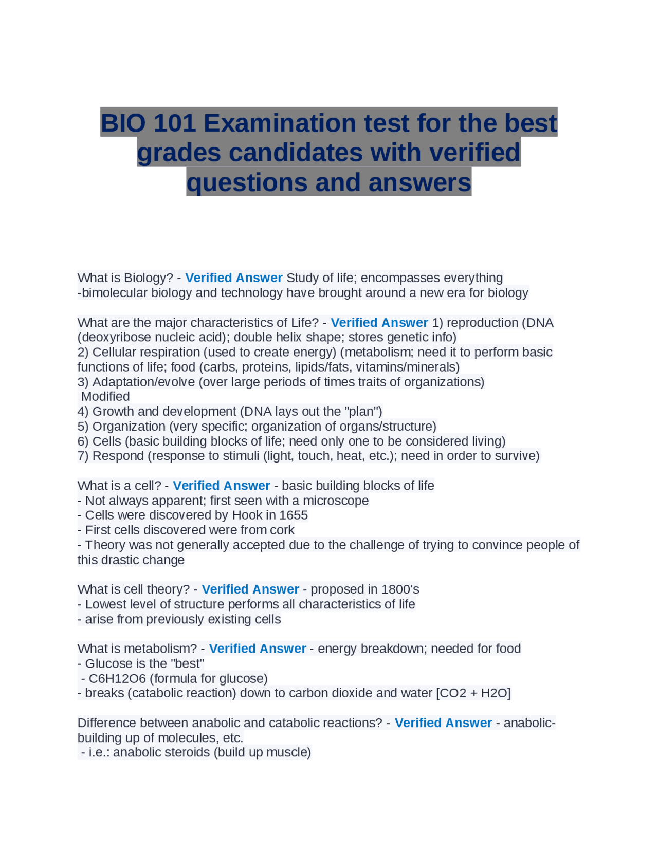 BIO 101 Examination Test for the Best Grades Candidates: Biology Basics ...