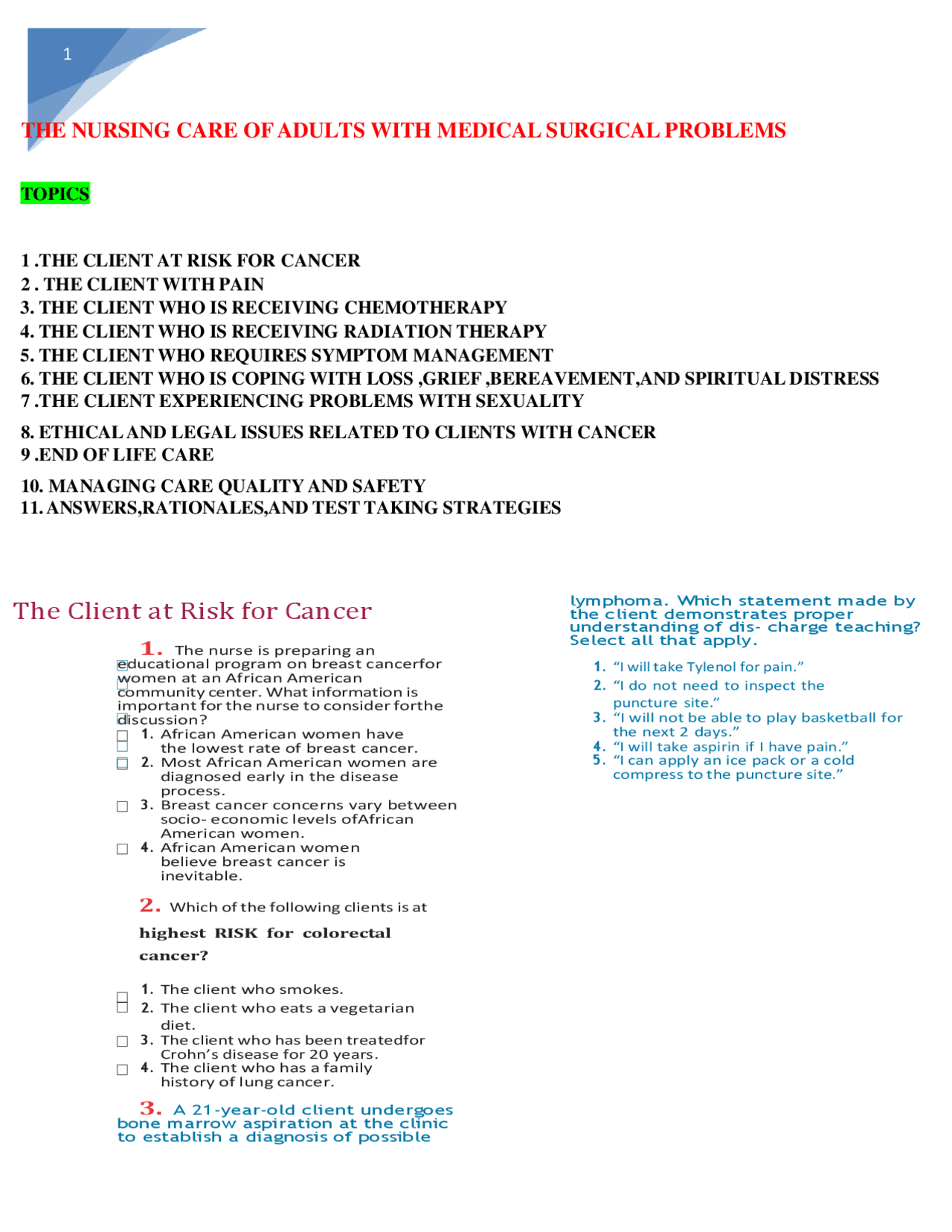 THE NURSING CARE OF ADULTS WITH MEDICAL SURGICAL PROBLEMS EXAM | Exams ...