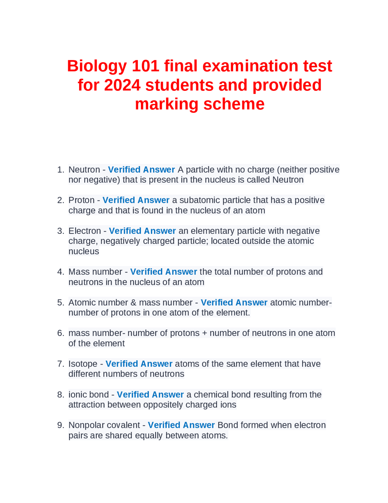 Biology 101 final examination test for 2024 students and provided ...