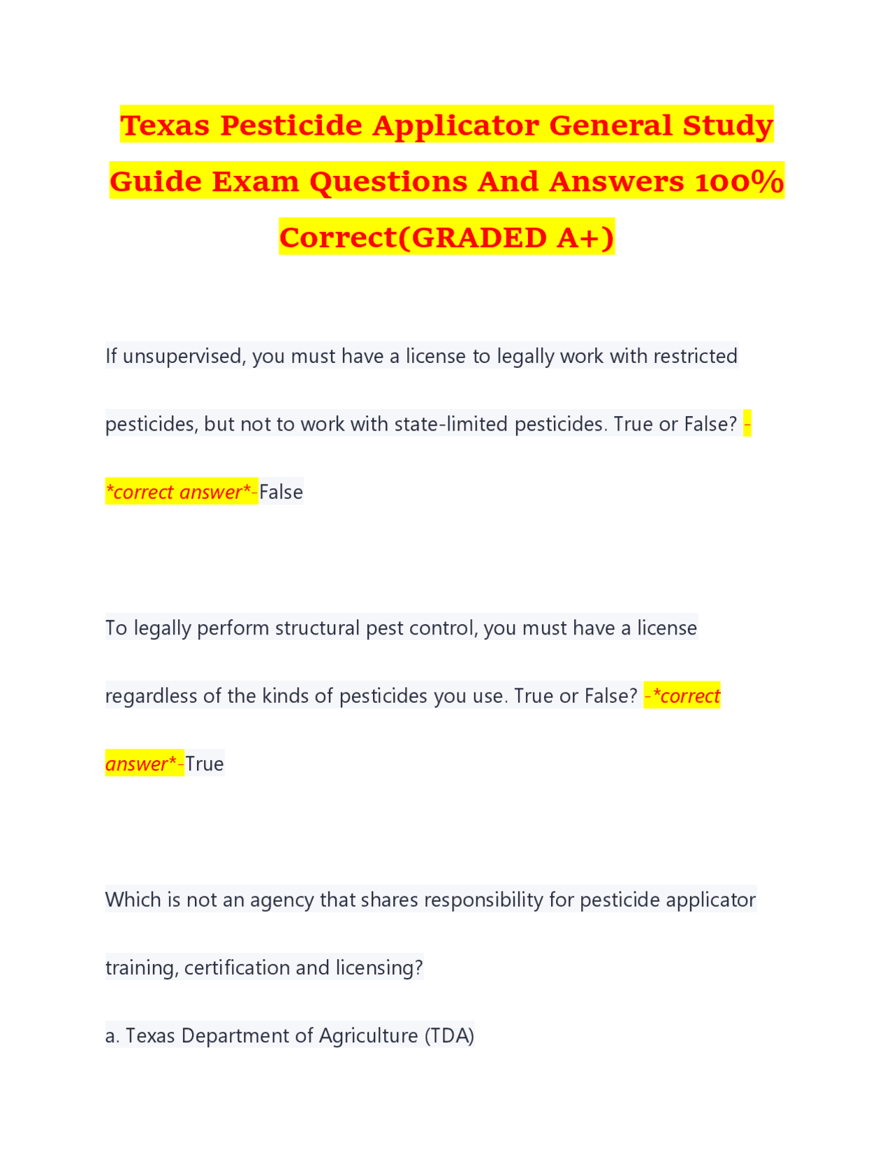 Texas Pesticide Applicator General Study Guide Exam Questions And Texas pesticide applicator general study guide exam questions and