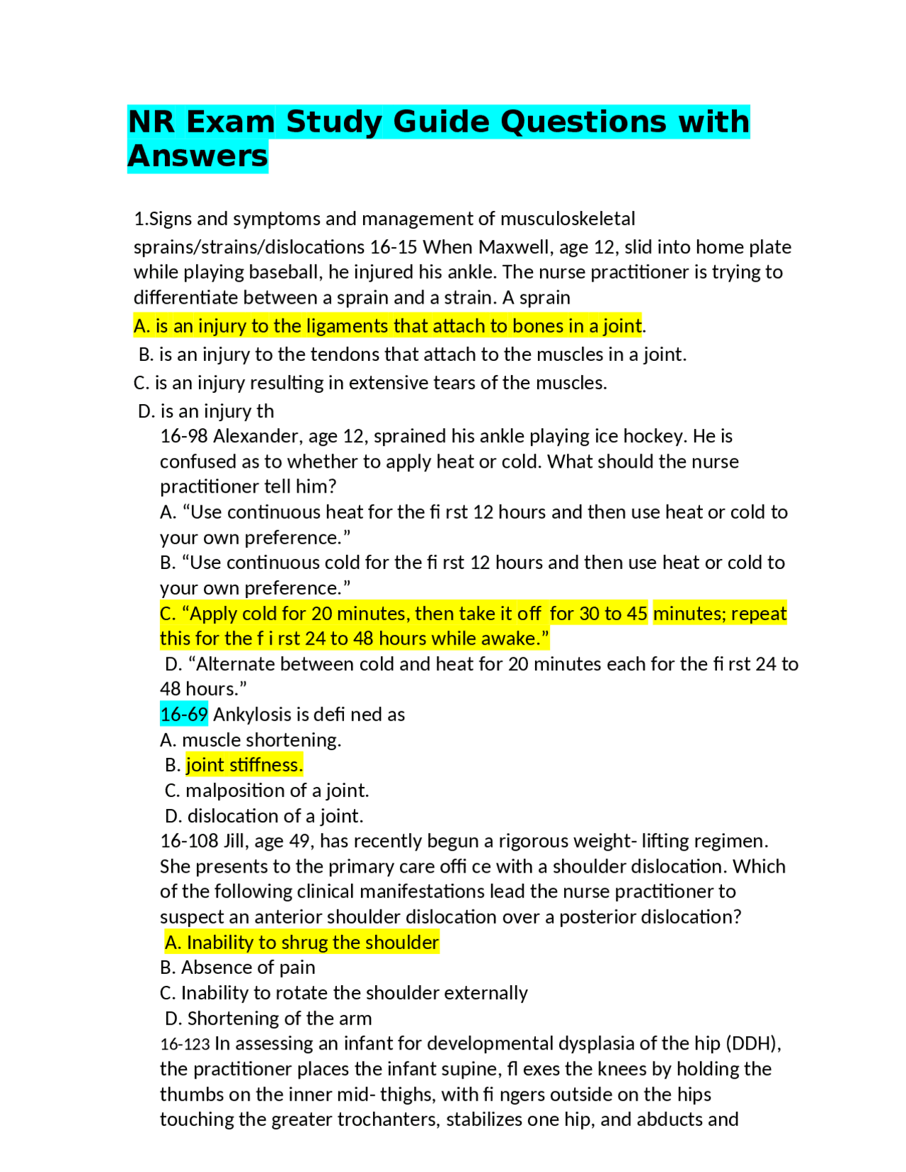 NR Exam Study Guide Questions with Answers | Exams Nursing | Docsity