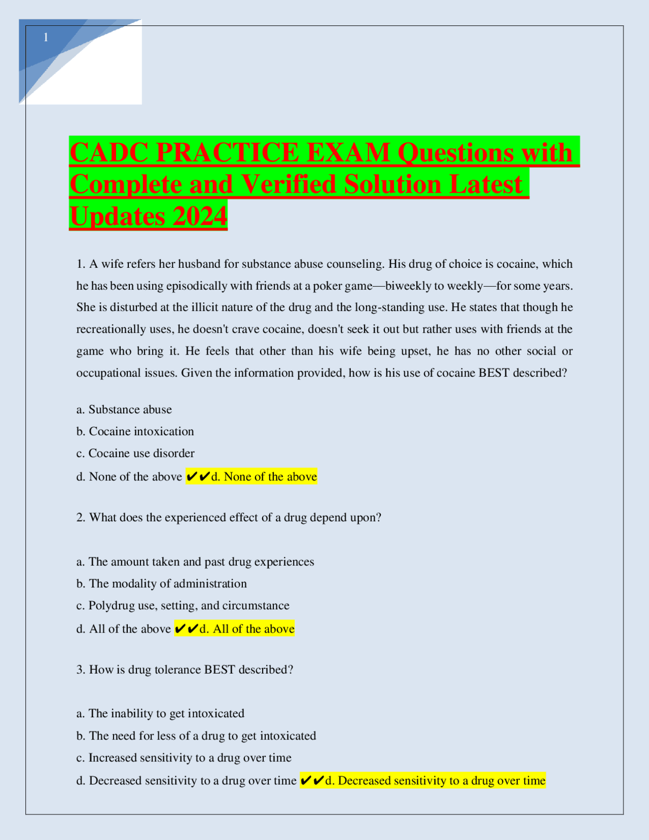 CADC PRACTICE EXAM Questions with Complete and Verified Solution Latest ...