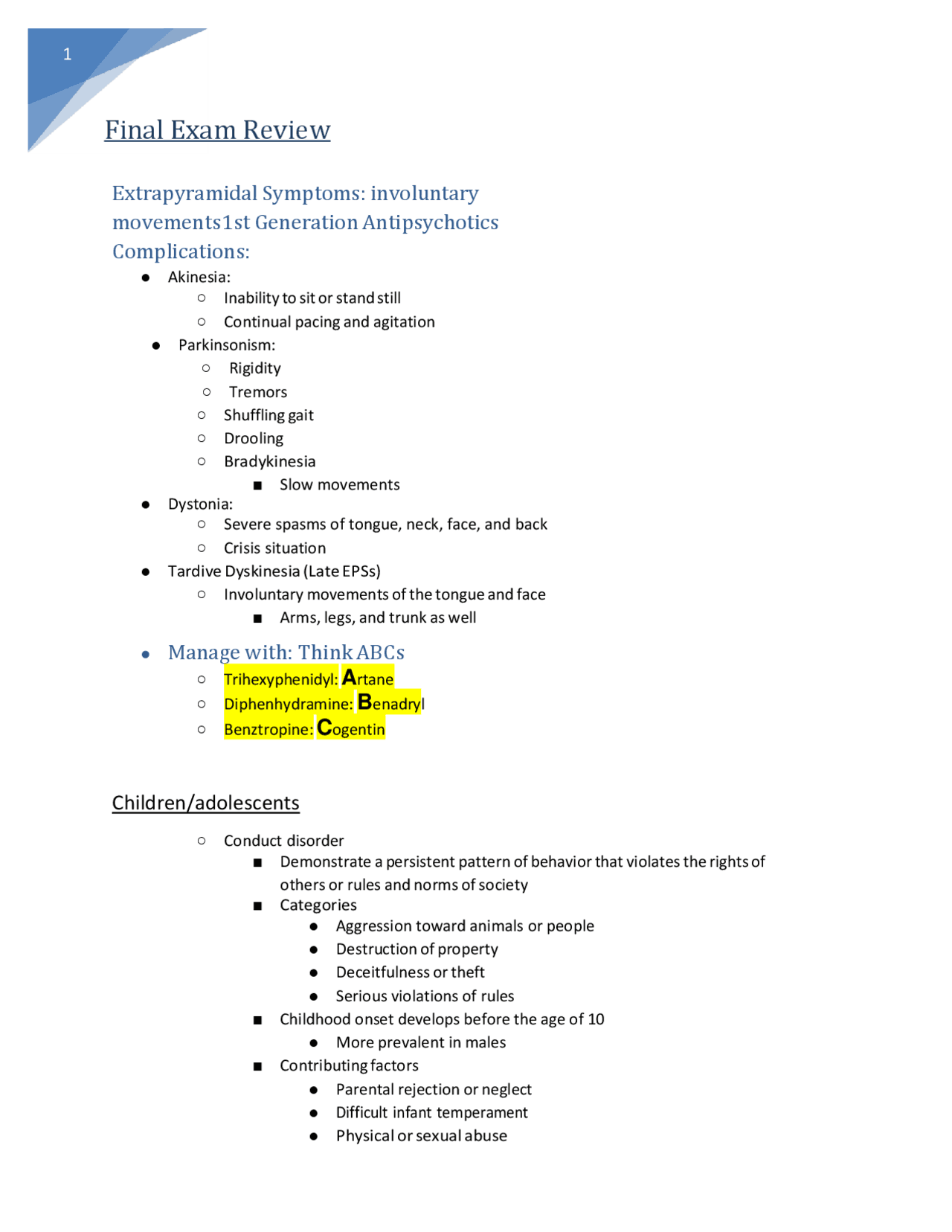 Extrapyramidal Symptoms and Treatment Options | Exams Nursing | Docsity