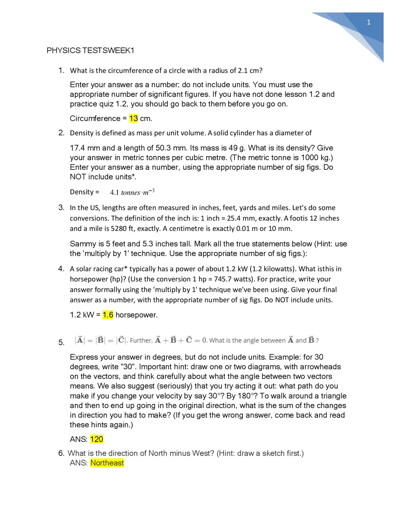 PHYSICS 101 WEEK 12 TEST QUESTIONS WITH ANSWERS | Exams Nursing | Docsity