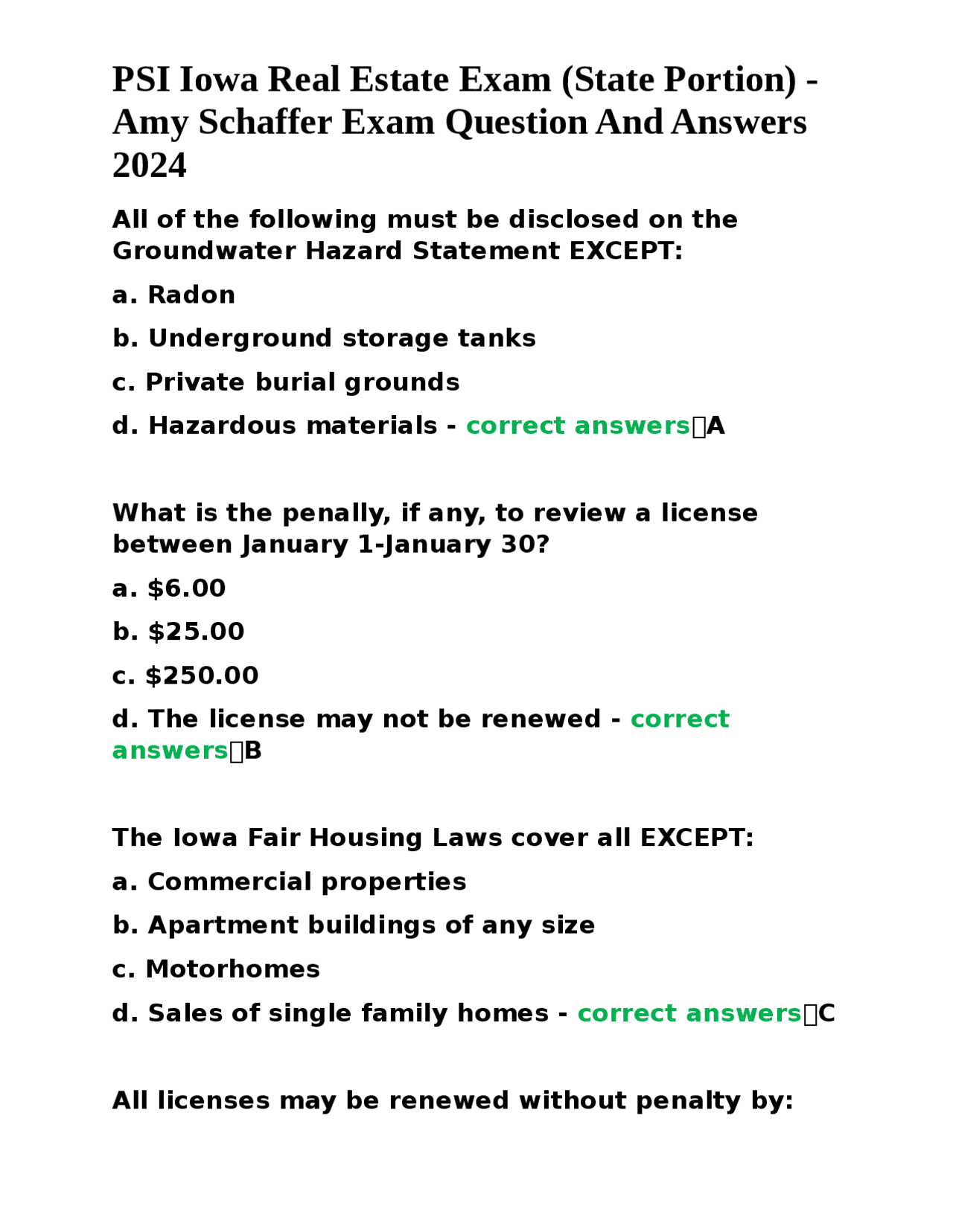 PSI Iowa Real Estate Exam (State Portion) Amy Schaffer Exam Question