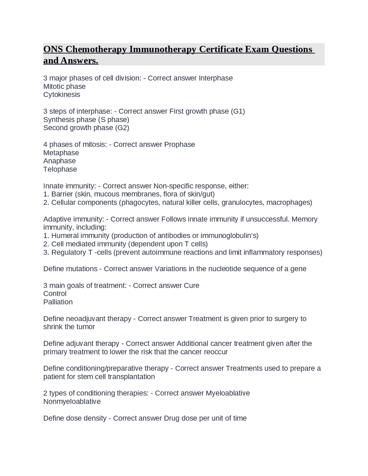 ONS Chemotherapy Immunotherapy Certificate Exam Questions and Answers ...