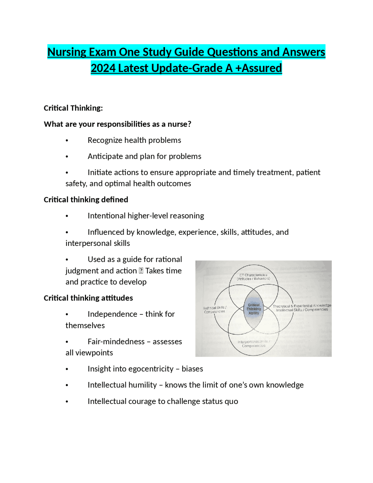 Nursing Exam One Study Guide Questions And Answers 2024 Latest Update