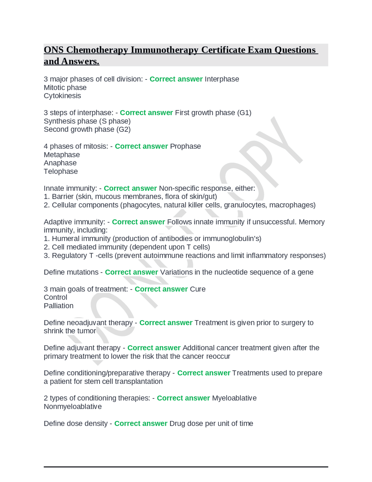 ONS Chemotherapy Immunotherapy Certificate Exam Questions and Answers ...
