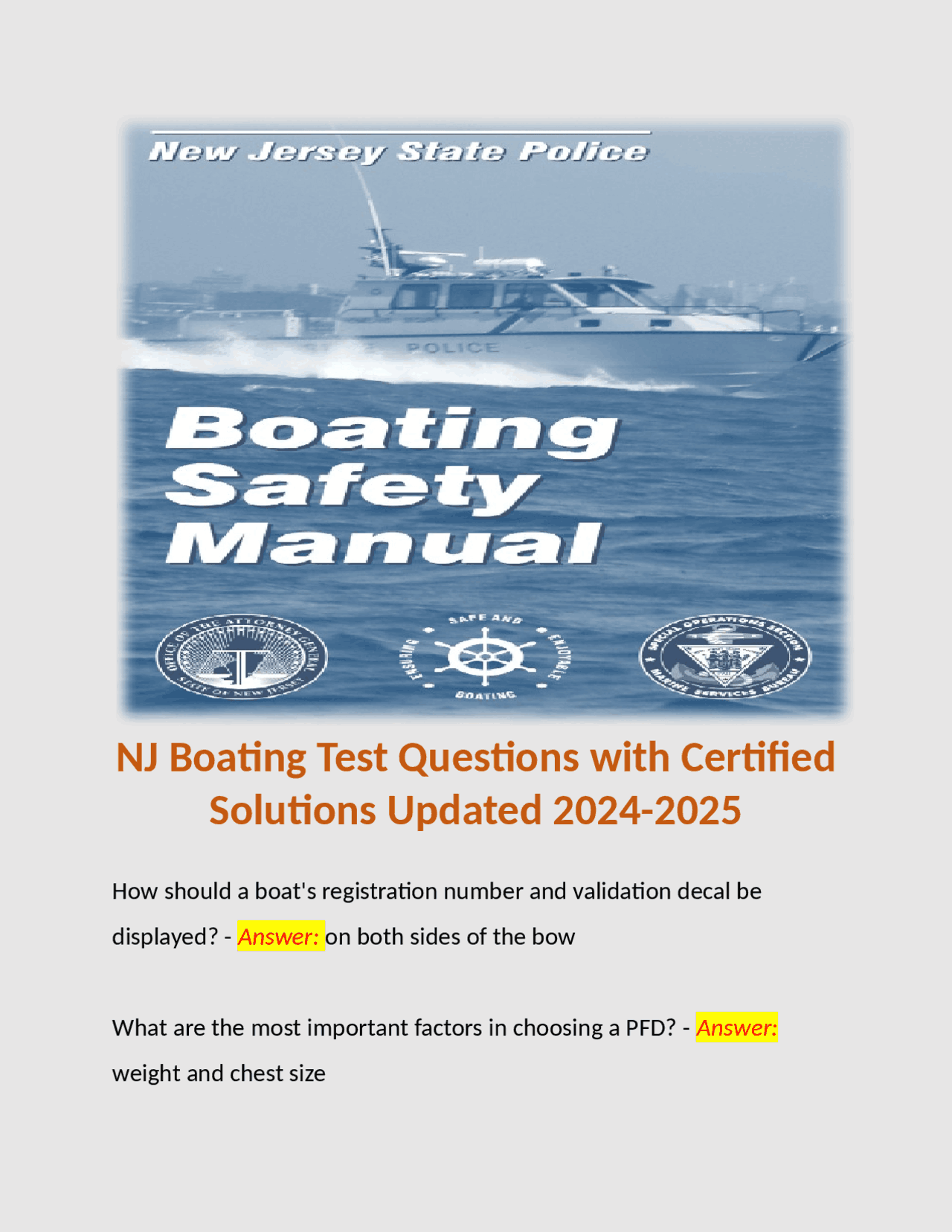 NJ Boating Test Questions with Certified Solutions Updated 20242025