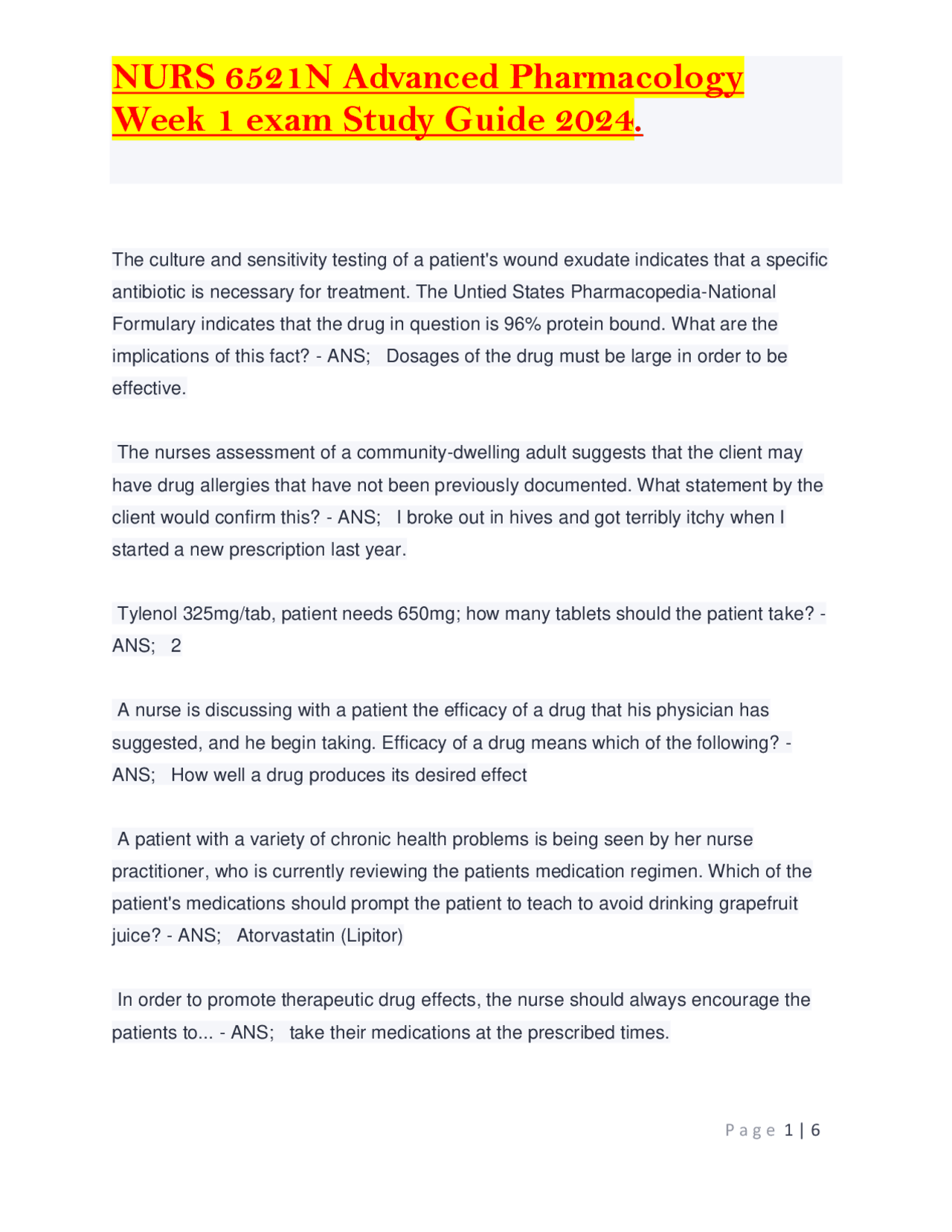 NURS 6521N Advanced Pharmacology Week 1 exam Study Guide 2024 | Exams ...