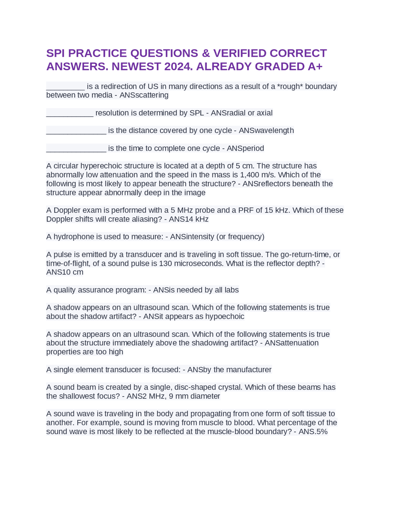SPI PRACTICE QUESTIONS & VERIFIED CORRECT ANSWERS. NEWEST 2024. ALREADY ...