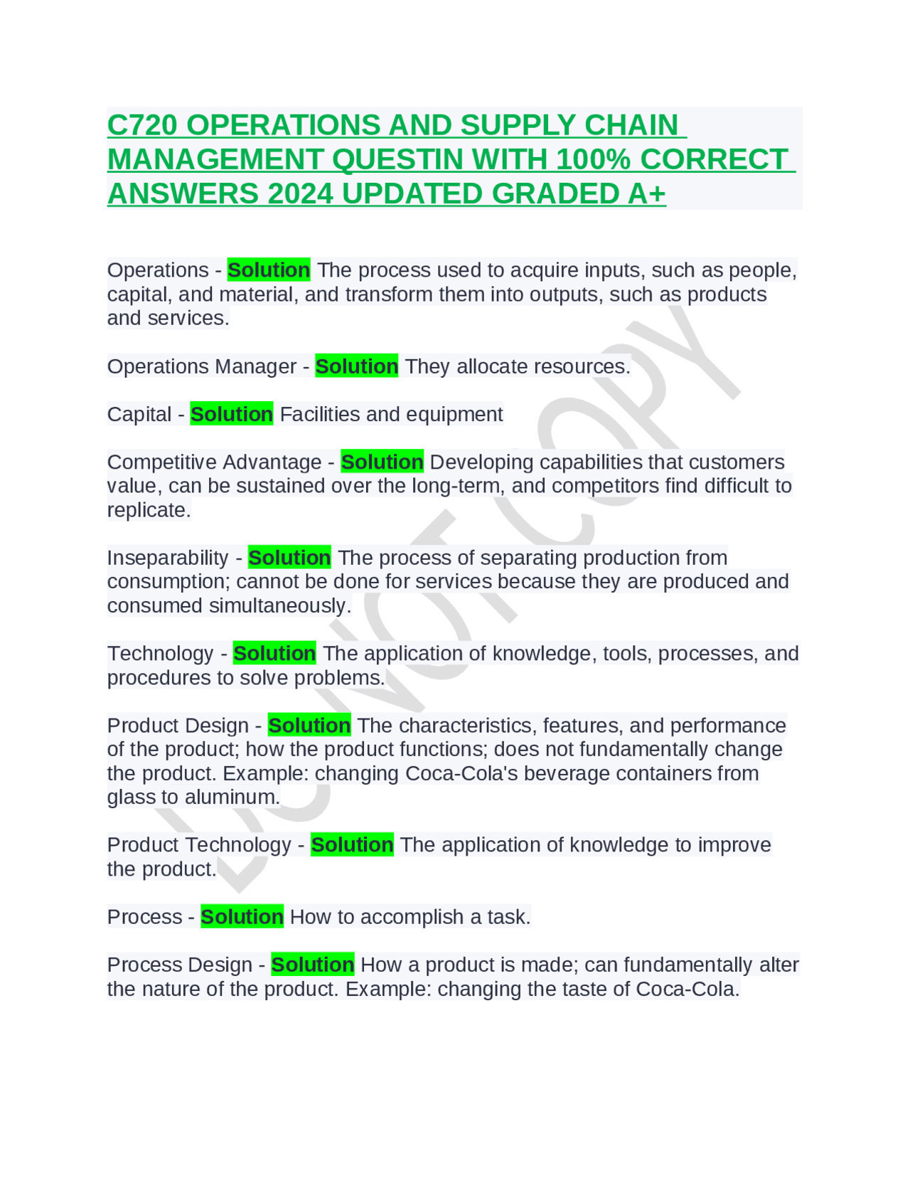 C720 OPERATIONS AND SUPPLY CHAIN MANAGEMENT QUESTIN WITH 100% CORRECT ...