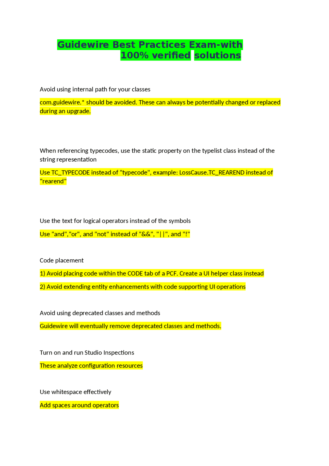 Guidewire Best Practices Examwith 100 verified solutions.docx Exams