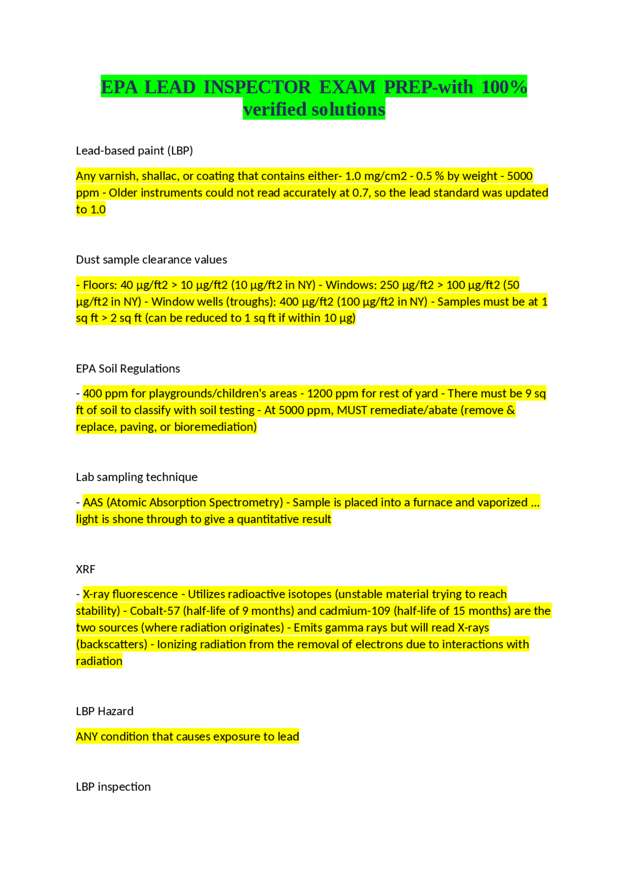EPA LEAD INSPECTOR EXAM PREP-with 100 verified solutions.docx | Exams ...