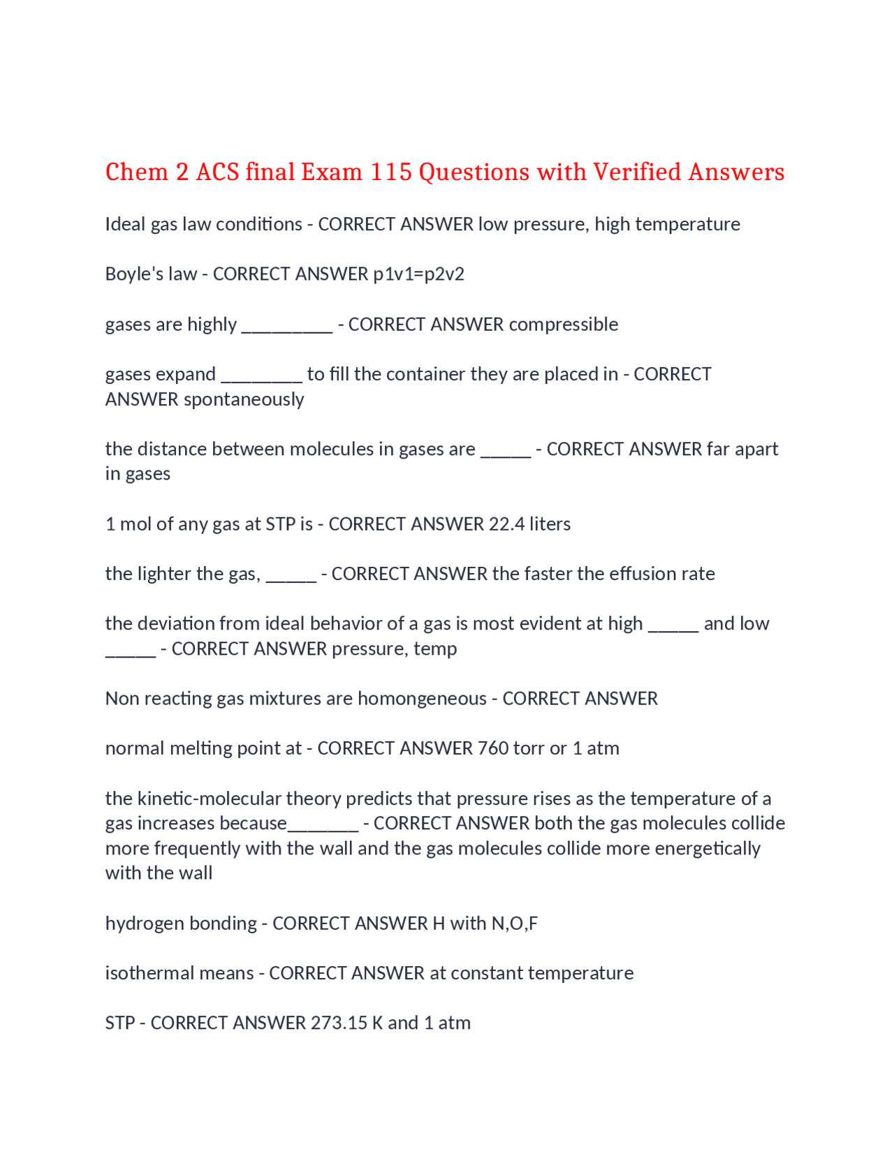 Chem 2 ACS final Exam 115 Questions with Verified Answers,100% CORRECT ...