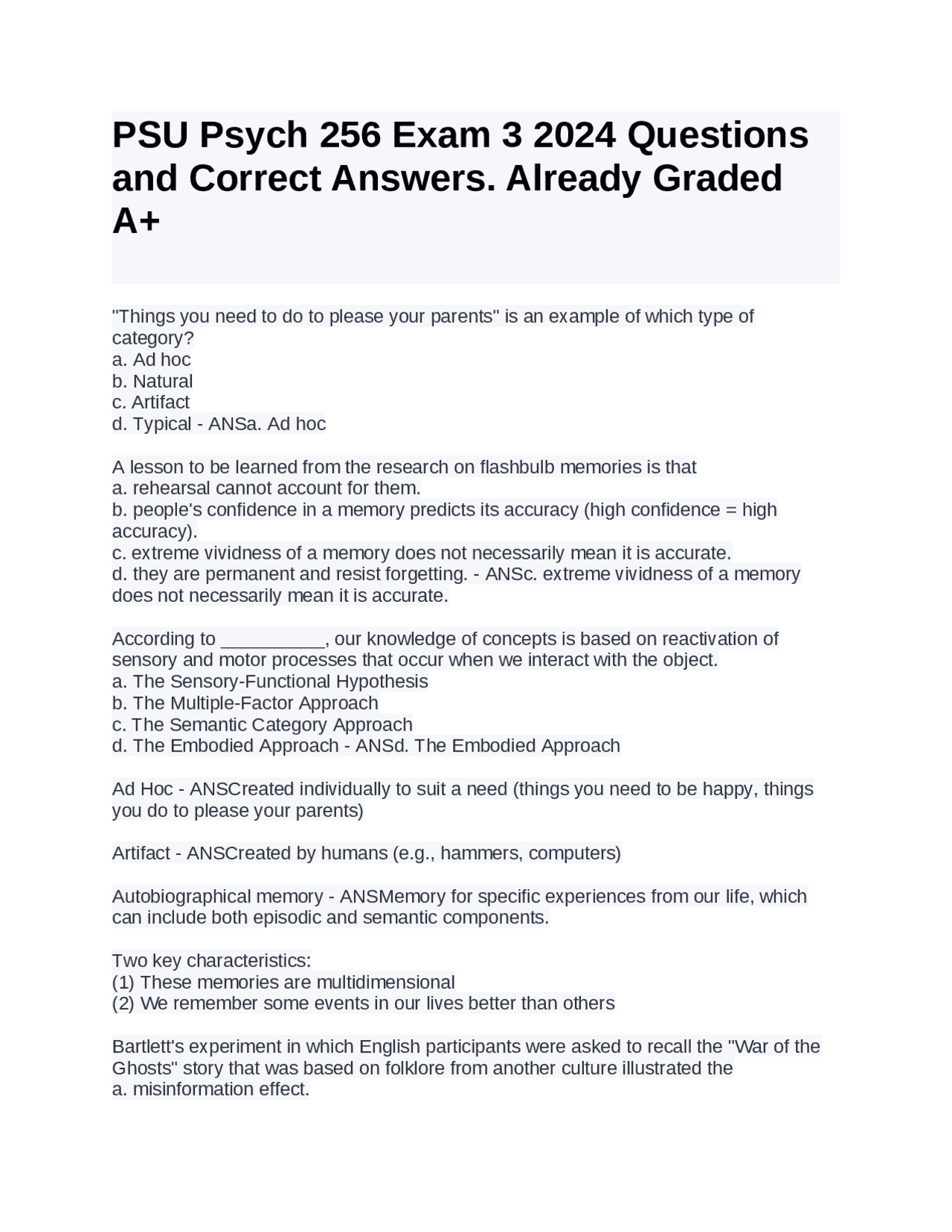 PSU Psych 256 Exam 3 2024 Questions and Correct Answers. Already Graded ...