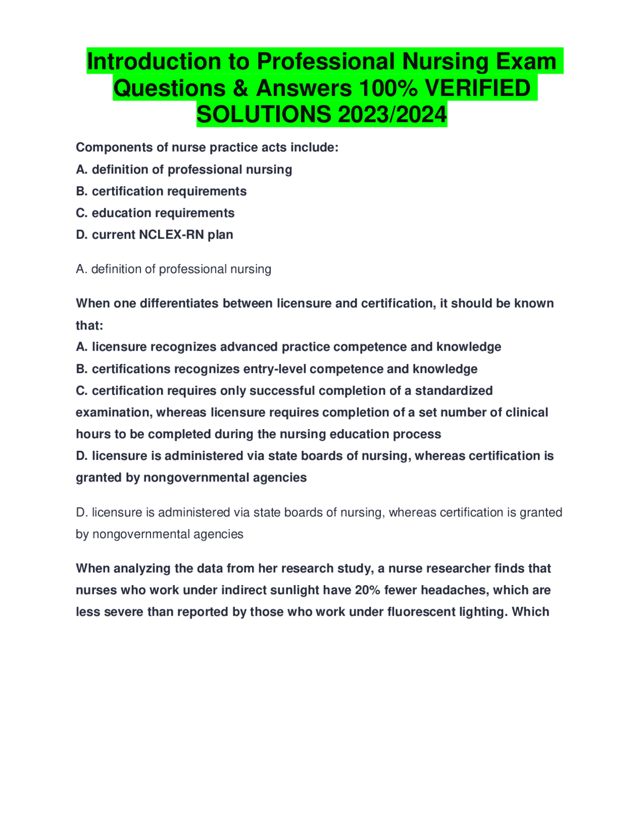 Introduction to Professional Nursing Exam Questions & Answers 100% ...