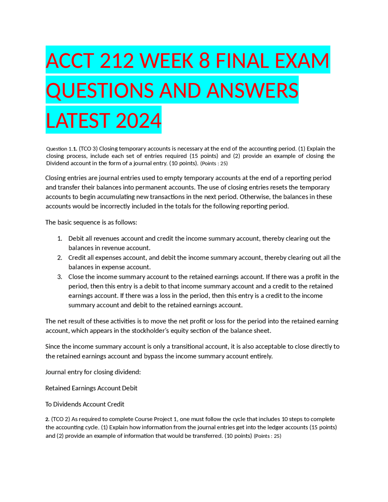 ACCT 212 WEEK 8 FINAL EXAM QUESTIONS AND ANSWERS LATEST 2024 | Exams ...