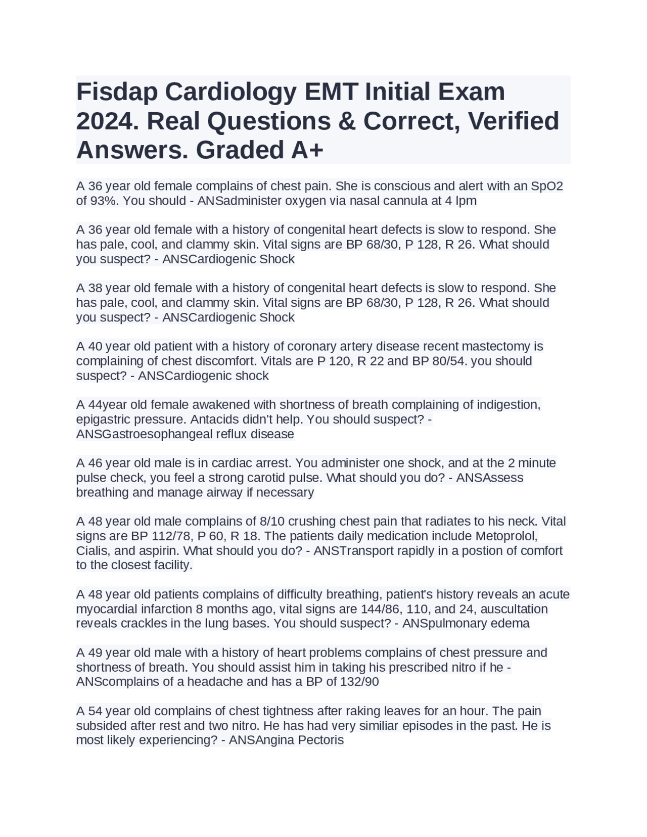 Fisdap Cardiology EMT Initial Exam 2024. Real Questions & Correct ...
