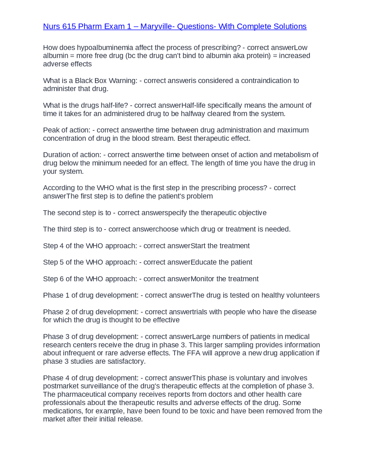 Nurs 615 Pharm Exam 1 – Maryville- Questions- With Complete Solutions ...