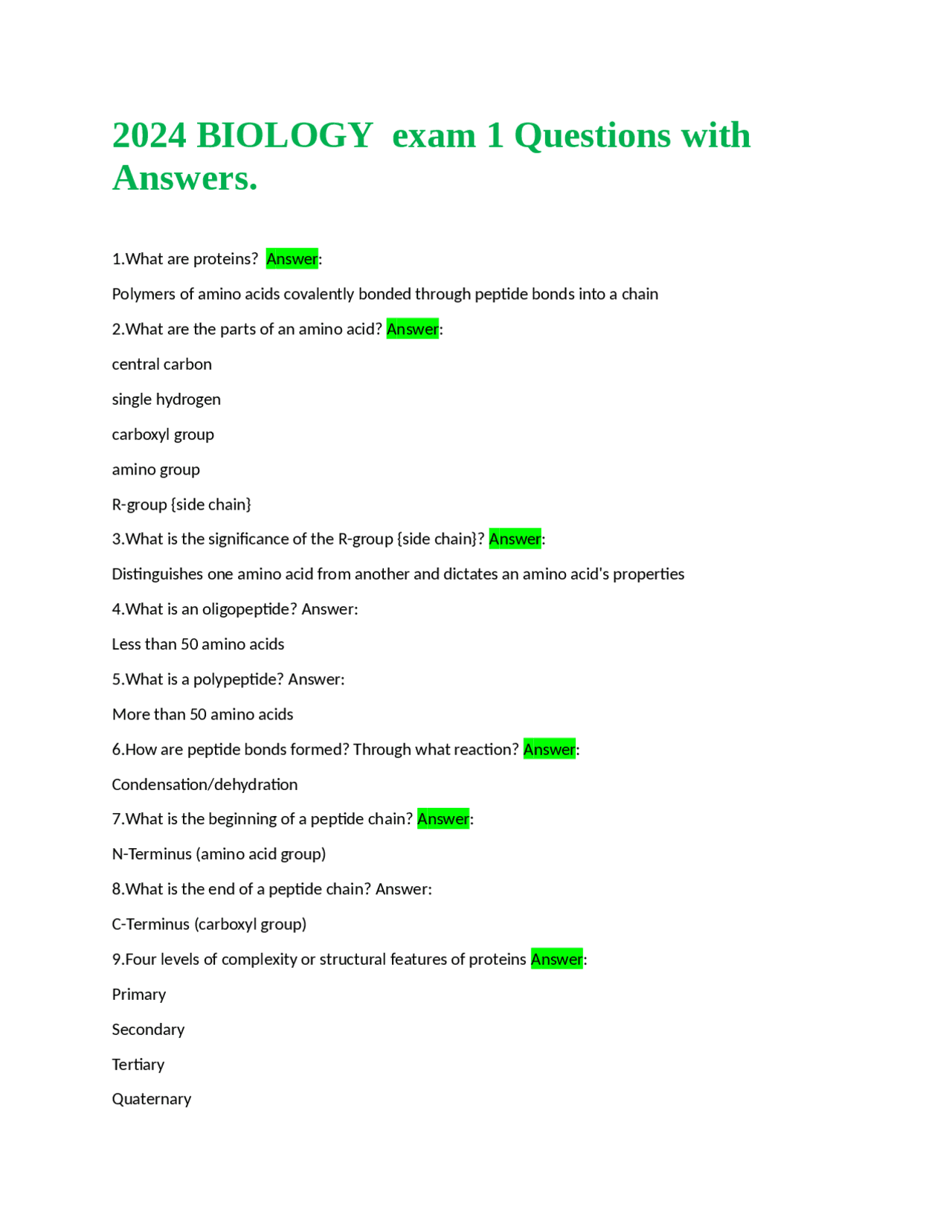 2024 BIOLOGY exam 1 Questions with Answers. | Quizzes Biology | Docsity