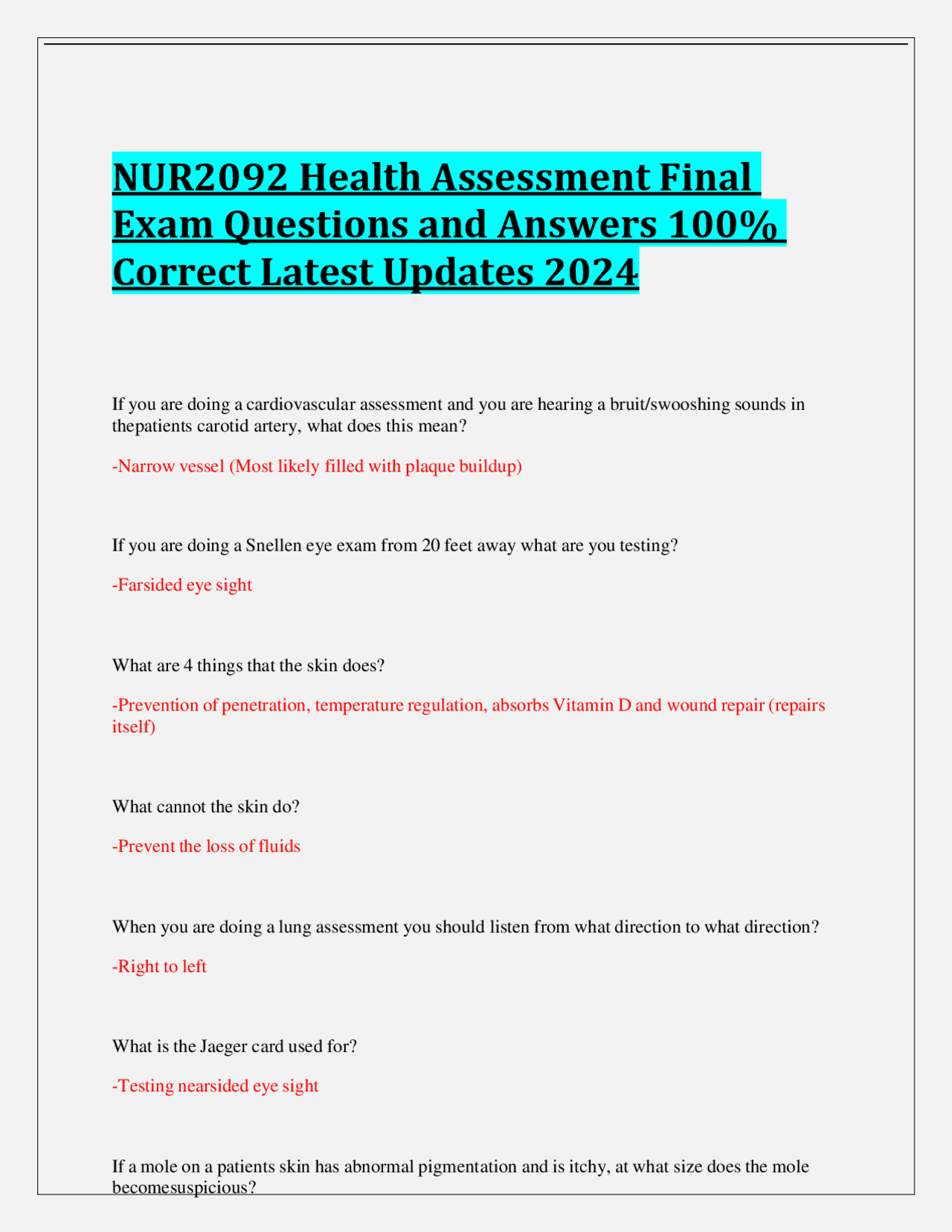 NUR2092 Health Assessment Final Exam Questions and Answers 100% Correct ...
