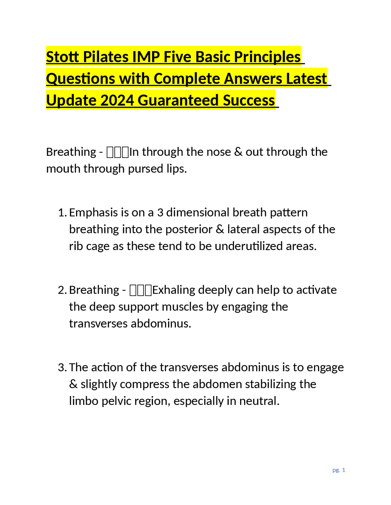Stott Pilates IMP Five Basic Principles Questions with Complete Answers