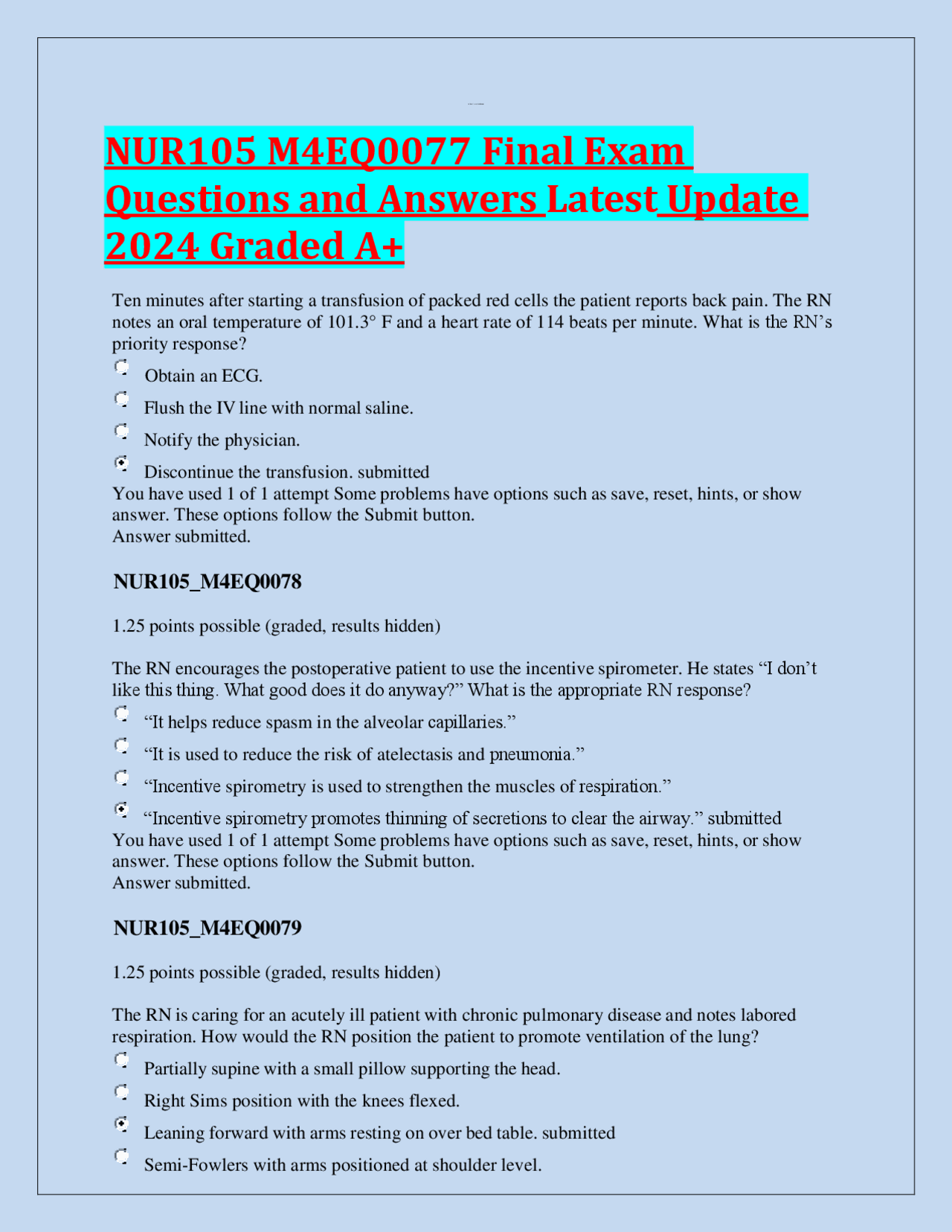 NUR105 M4EQ0077 Final Exam Questions and Answers Latest Update 2024 ...