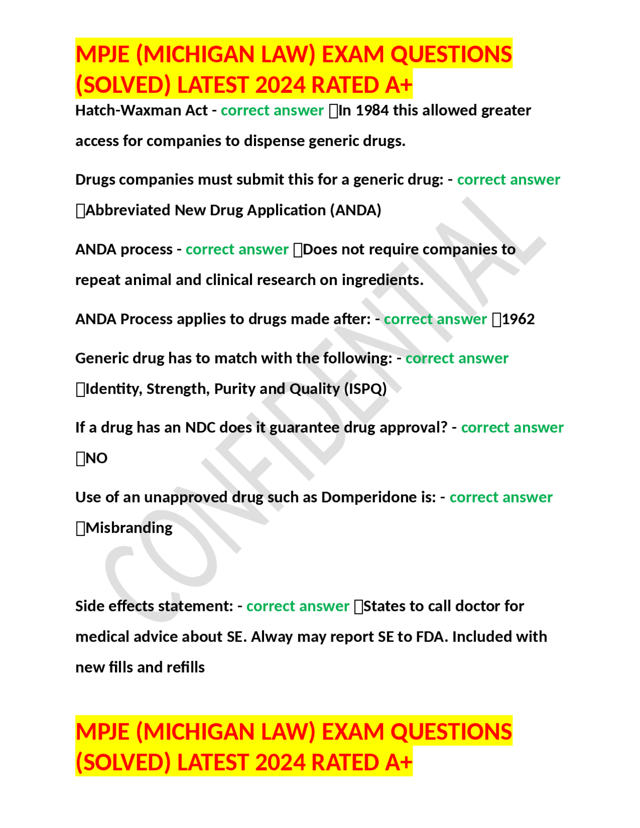 MPJE (MICHIGAN LAW) EXAM QUESTIONS (SOLVED) LATEST 2024 RATED A+ | Exercises Nursing | Docsity