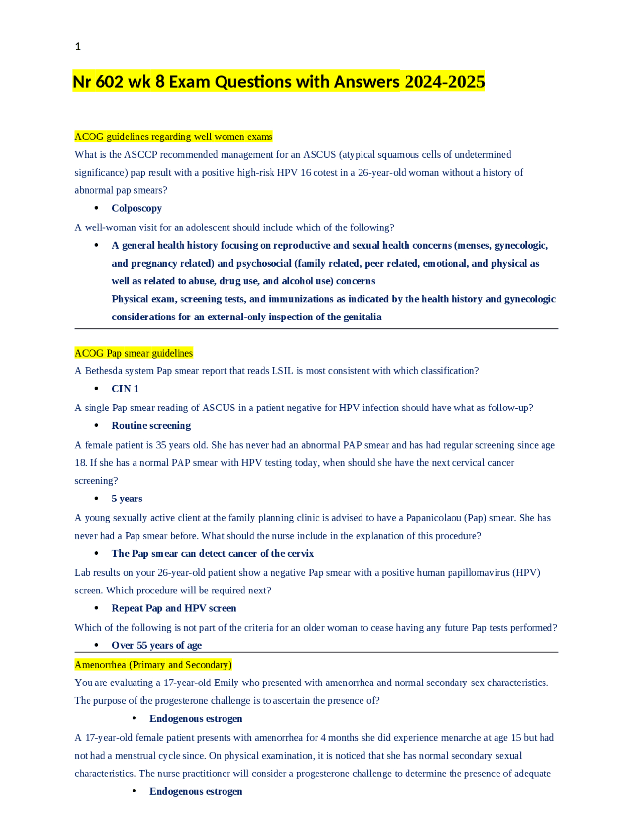 Nr 602 wk 8 Exam Questions with Answers 2024-2025 | Exams Nursing | Docsity