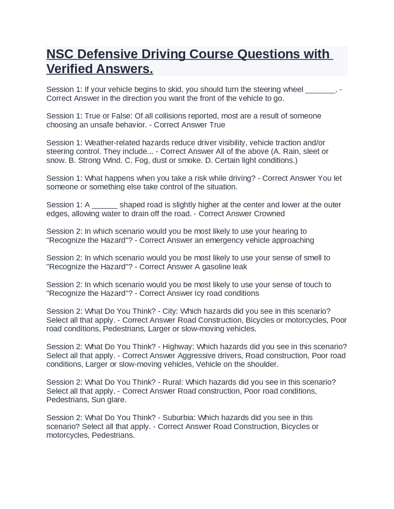 Defensive Driving Post Test Questions with Verified Answers. Exams