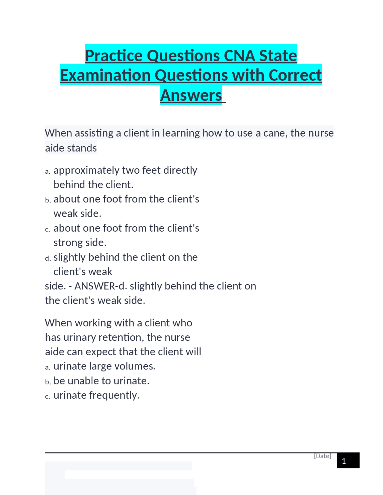 Practice Questions CNA State Examination Questions with Correct Answers ...