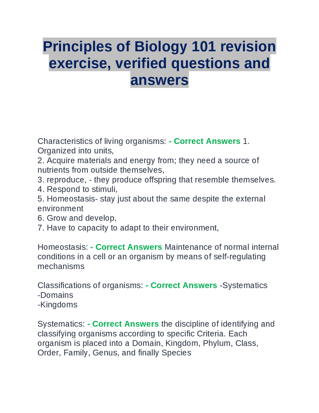 Principles of Biology 101 revision exercise, verified questions and ...