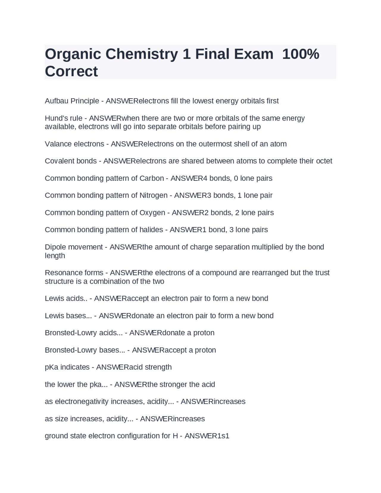 Organic Chemistry 1 Final Exam 100 Correct Exams Chemistry Docsity