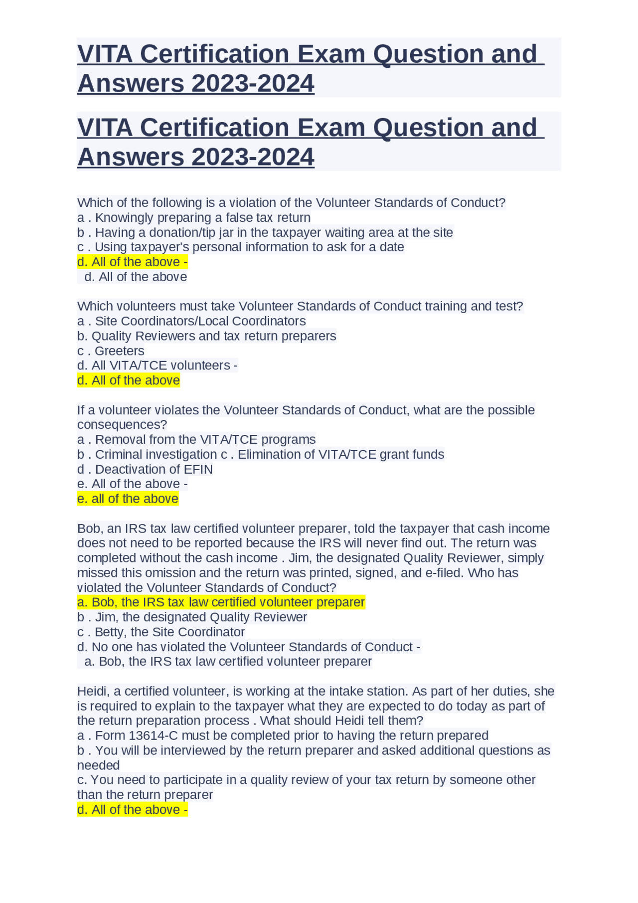 VITA Certification Exam Question and Answers 20232024. Exams