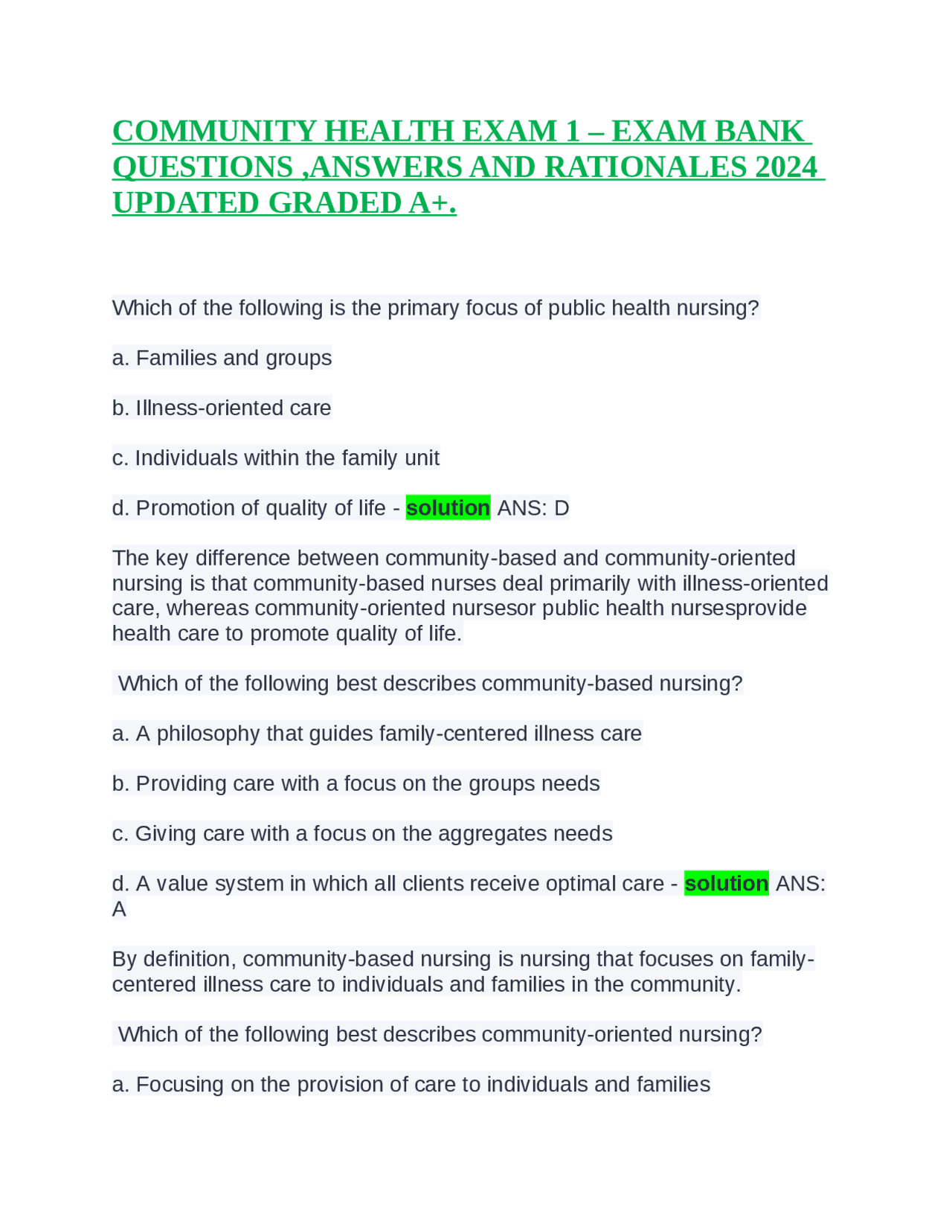 COMMUNITY HEALTH EXAM 1 – EXAM BANK QUESTIONS ,ANSWERS AND RATIONALES ...