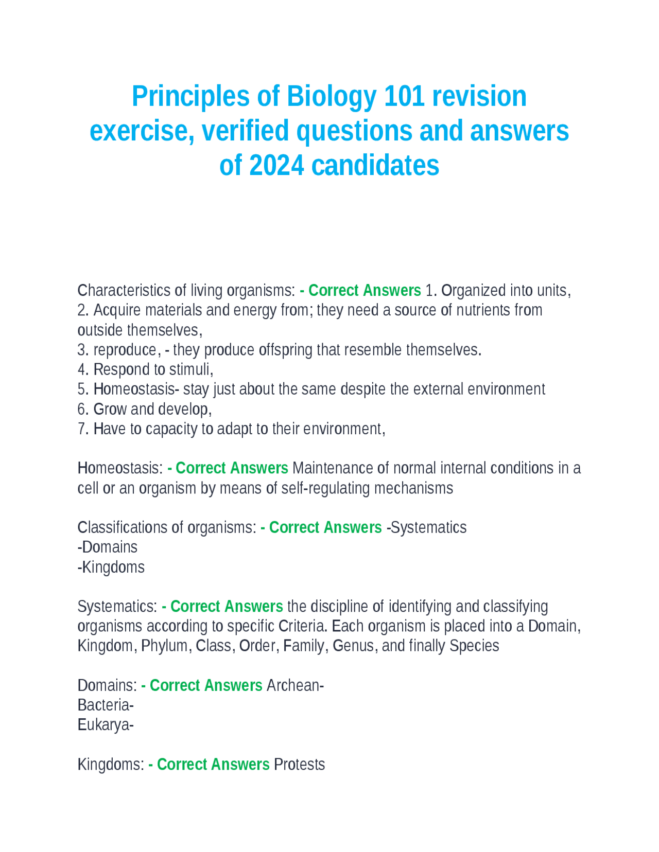 Principles of Biology 101 revision exercise, verified questions and ...