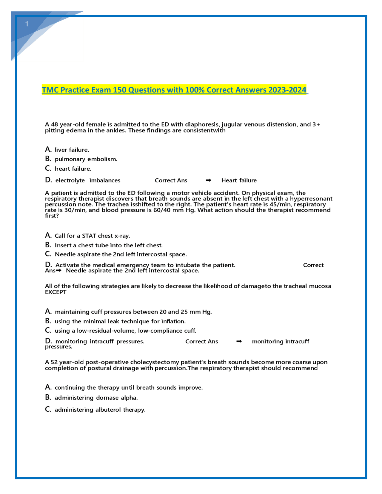 TMC Practice Exam Questions and Correct Answers 2023-2024 | Exams ...