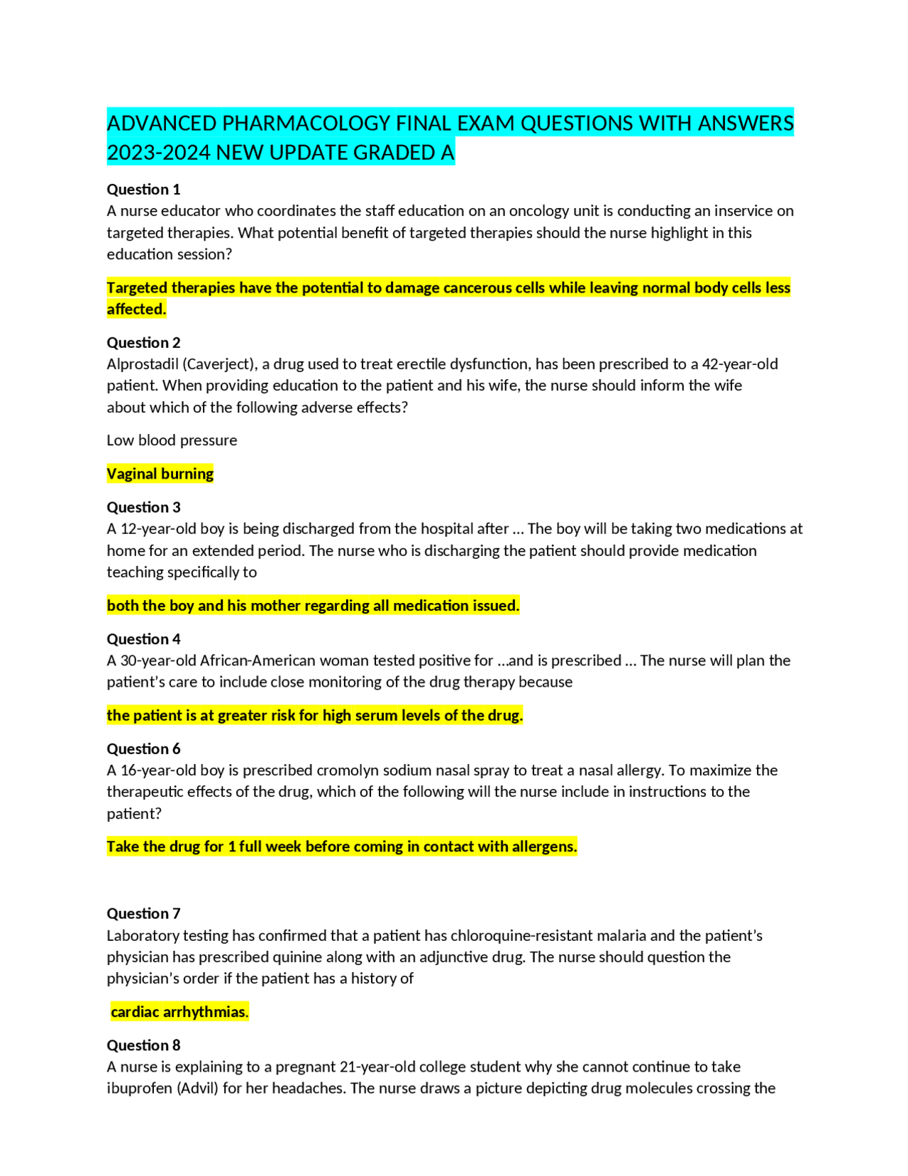 ADVANCED PHARMACOLOGY FINAL EXAM QUESTIONS WITH ANSWERS 2023-2024 NEW ...