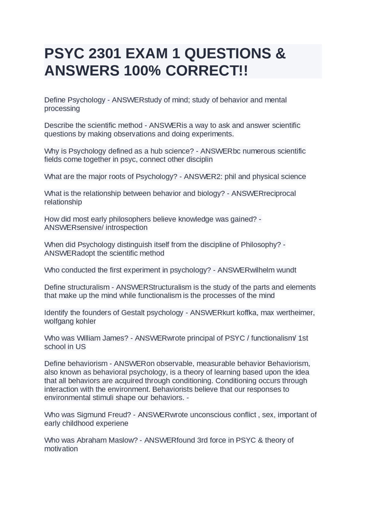 PSYC 2301 EXAM 1 QUESTIONS & ANSWERS 100% CORRECT!! | Exams Psychology ...