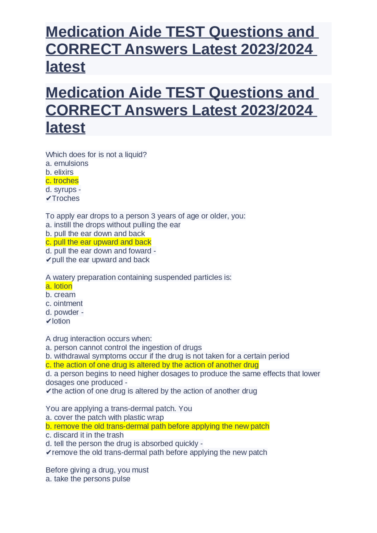 Medication Aide TEST Questions and CORRECT Answers Latest 20232024