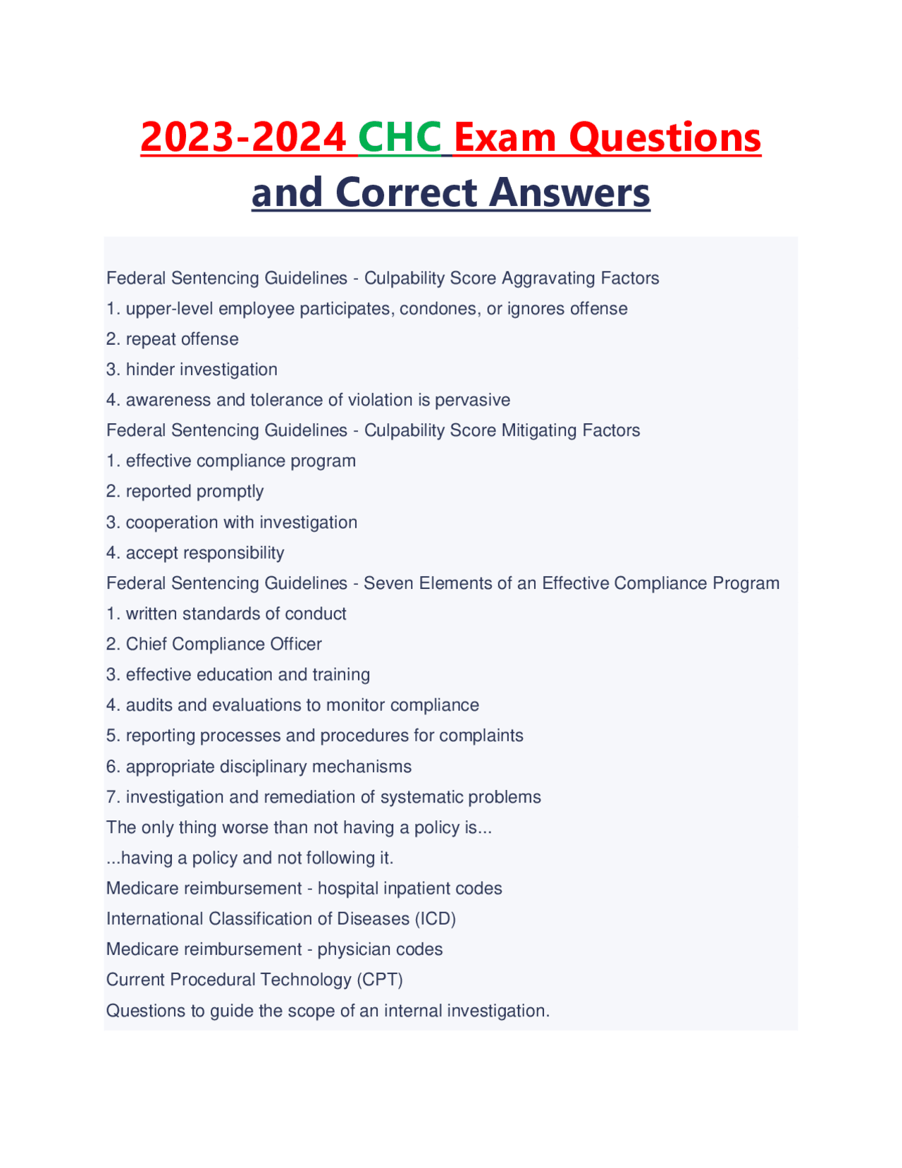 2023-2024 CHC Exam Questions and Correct Answers | Study Guides ...