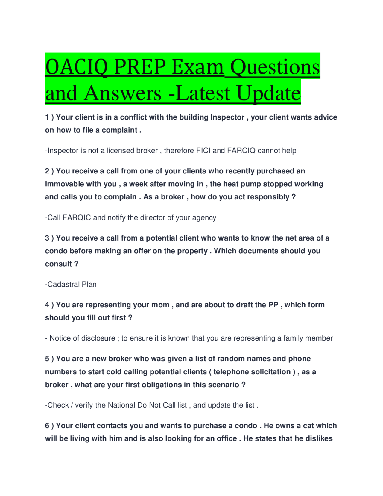 OACIQ PREP Exam Questions and Answers -Latest Update | Study Guides ...