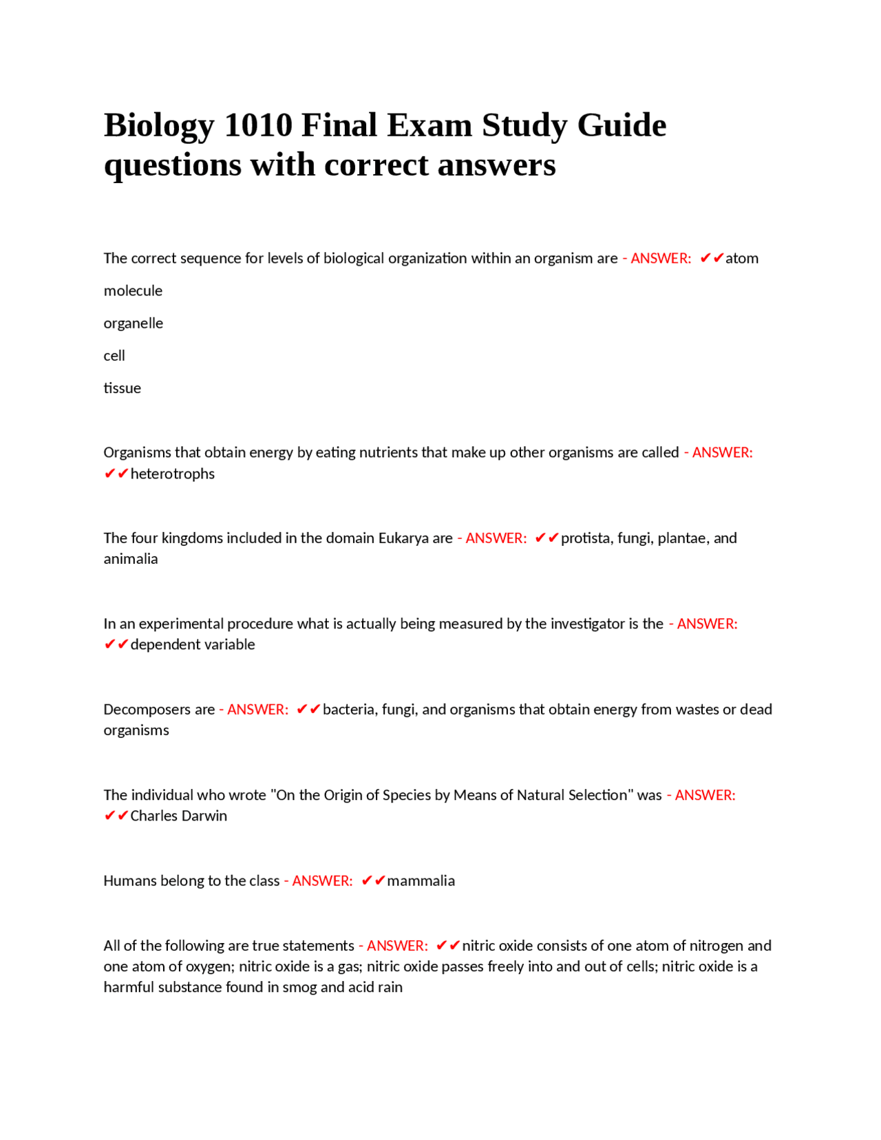 Biology 1010 Final Exam Study Guide questions with correct answers ...