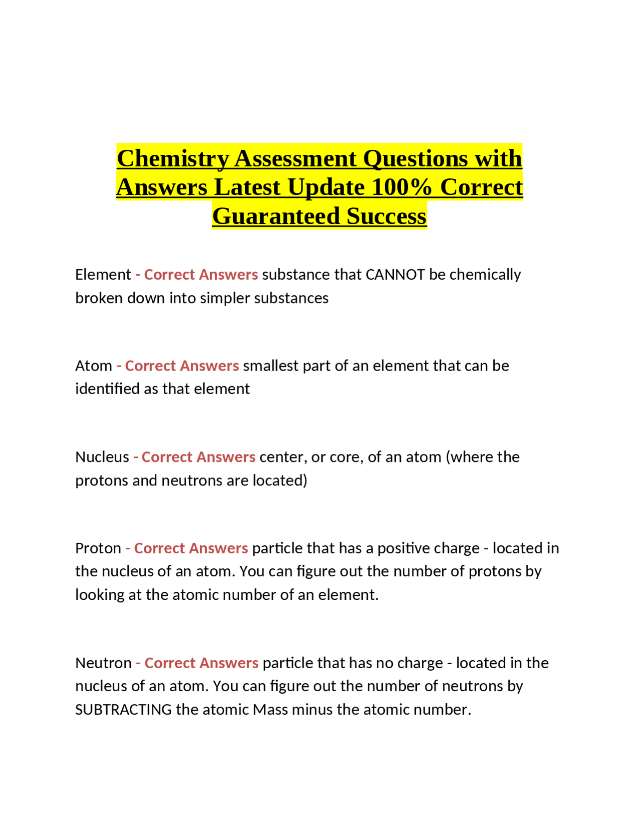 Chemistry Assessment Questions with Answers Latest Update 100% Correct Guaranteed Success ...