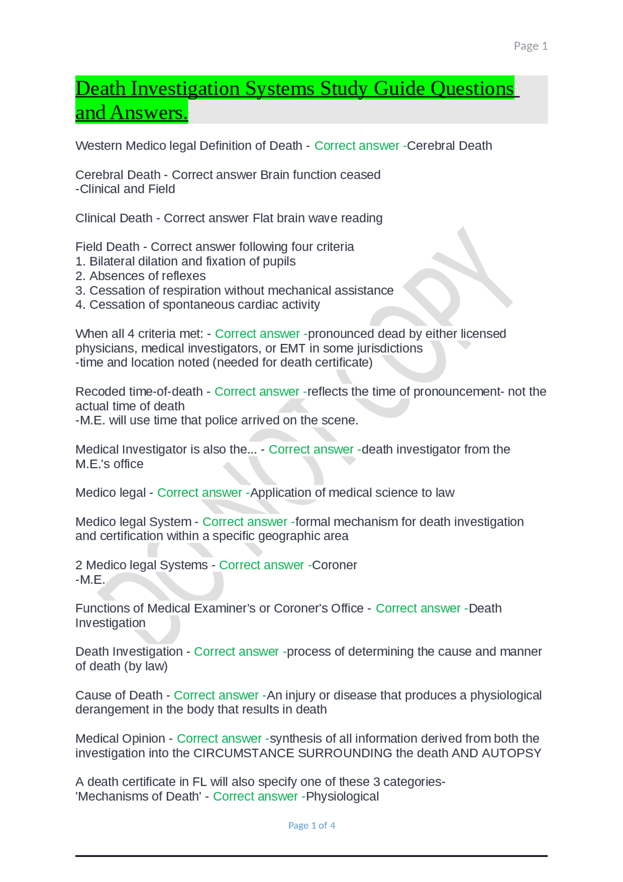 Death Investigation Systems Study Guide Questions and Answers. | Exams ...