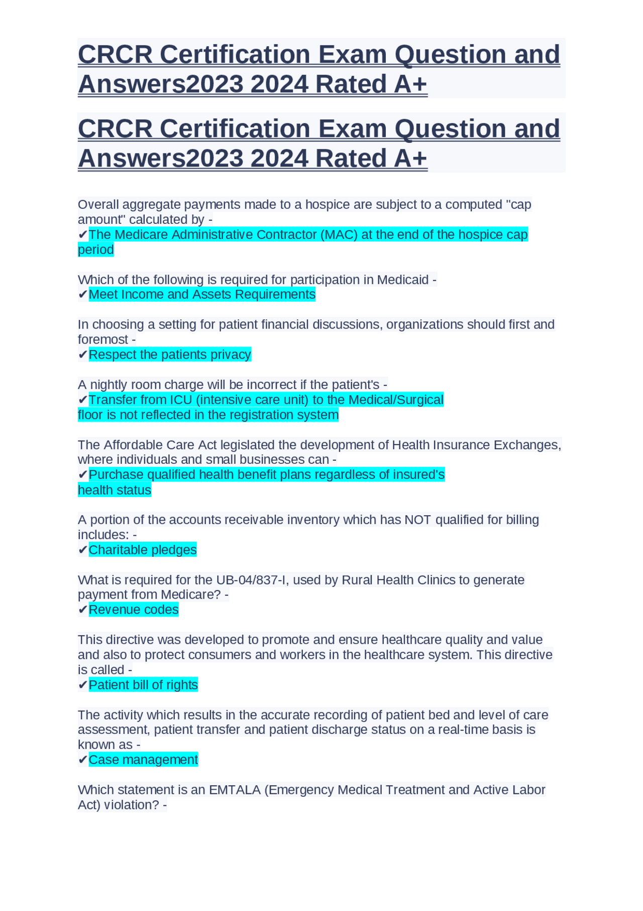 CRCR Certification Exam Question and Answers2023 2024 Rated A+.docx ...