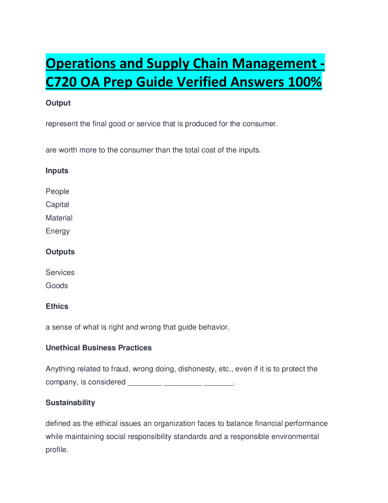 Operations and Supply Chain Management - C720 OA Prep Guide Verified ...